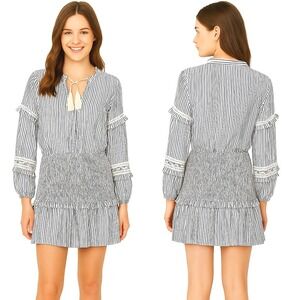 Aqua Smocked Peasant Dress‎ Size Small Blue White Stripes Cottagecore Boho Flowy